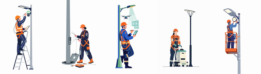 Fototapeta premium Flat vector set of industrial workers and engineers performing maintenance, inspection, and repair tasks on modern street lighting systems.