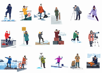 Illustration set showing people engaged in photography and exploration activities across arctic and antarctic landscapes wearing warm winter gear. © Liam