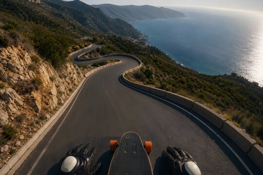Aerial perspective over coastal mountain trail winding asphalt road used for downhill longboarding skateboarding sports