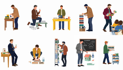 Fototapeta premium Flat vector illustration set of men gardening, planting seeds in recycled egg cartons, and teaching sustainable urban farming and environmental science practices.