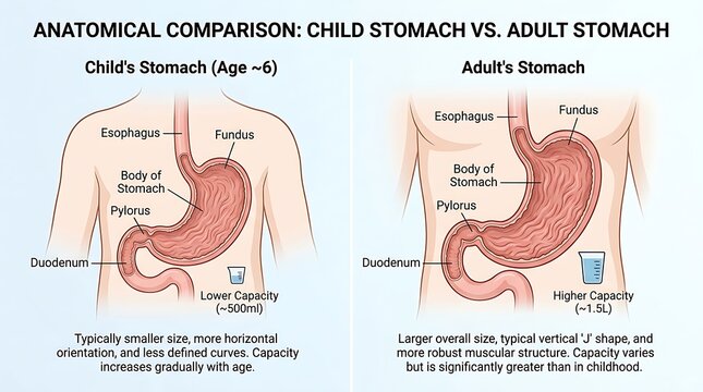 Anatomical comparison of child stomach versus stomach size and capacity
