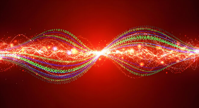 Colorful Binary Code Flowing Waves on Red Background &ndash; Futuristic Digital Technology Art