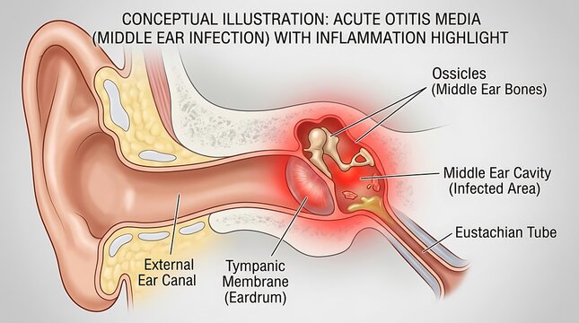 Anatomical cross section diagram of acute otitis media showing middle ear infection and inflammation