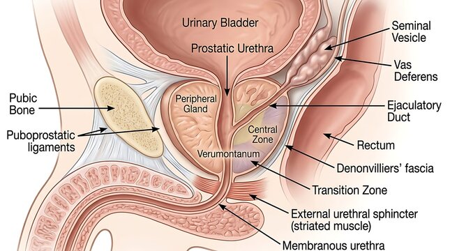 Anatomical cross-section diagram of the male prostate gland and surrounding pelvic structures