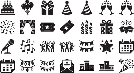Naklejka premium Set of Minimalist Party and Celebration Icons Featuring Birthday Cakes Balloons Gift Boxes Champagne Glasses and Event Stage Silhouettes Isolated on a White Background