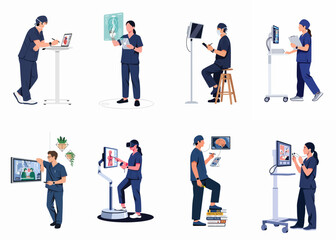 Fototapeta premium Diverse set of medical professionals using advanced digital technology for healthcare, diagnosis, and surgical training in modern hospital environments.