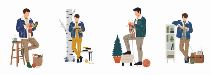 Flat vector illustration set of a young man enjoying knitting winter accessories like mittens and socks in various cozy indoor and outdoor settings. © Liam