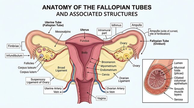 Anatomical diagram of human female fallopian tubes and uterus