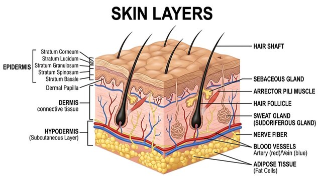 Anatomical diagram of human skin layers showing epidermis, dermis, and hypodermis structures