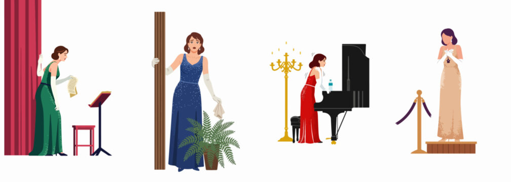 Illustrations of an elegant woman experiencing different stages of performance anxiety and stage fright in various settings like a theater and concert hall.