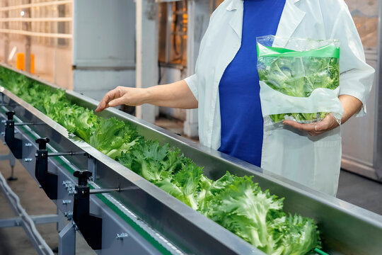 Conveyor belt with fresh lettuce in a greenhouse. A technical inspection of the curly lettuce crop. A worker wearing glove reaches for plant ready for packing. A packed lettuce bush in a plastic bag.