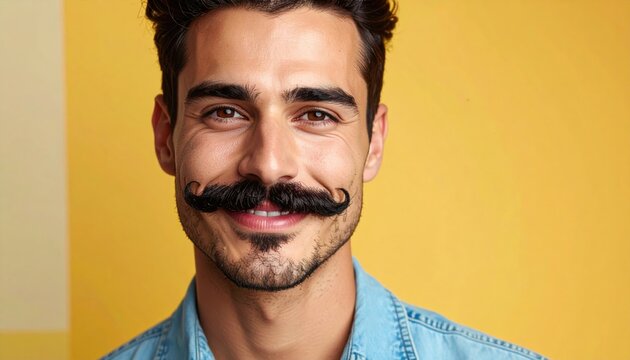 Man with Perfectly Groomed Handlebar Mustache Smiling Confidently Against a Yellow Background