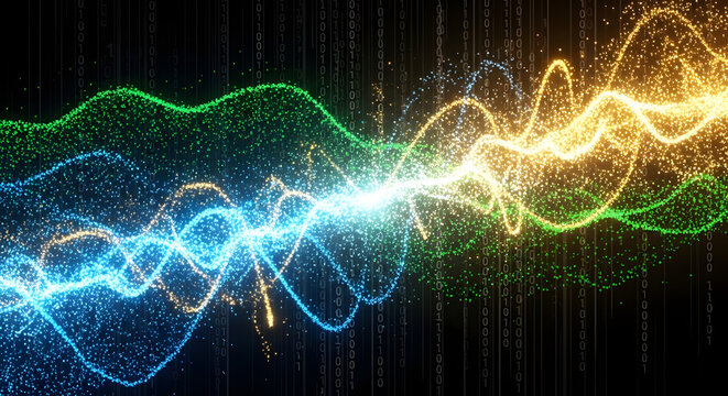Glowing Multicolored Binary Code Waves &ndash; Futuristic Digital Data Stream Background