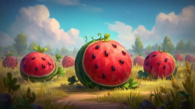 Numerous ripe, oversized watermelons rest in a vibrant, sunlit patch of grassy farmland