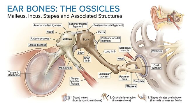 Anatomy of ear bones ossicles malleus incus and stapes