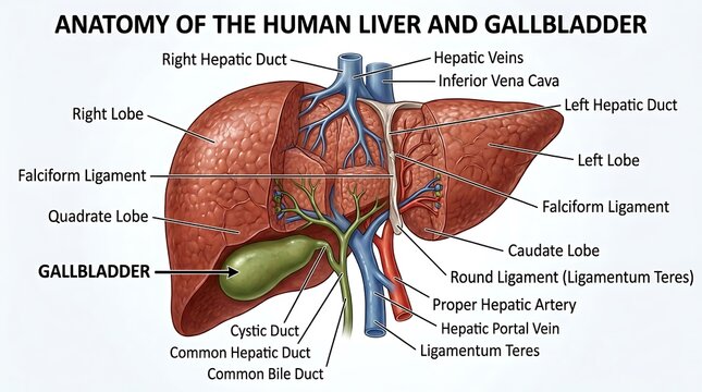 Anatomy of the human liver and gallbladder medical diagram