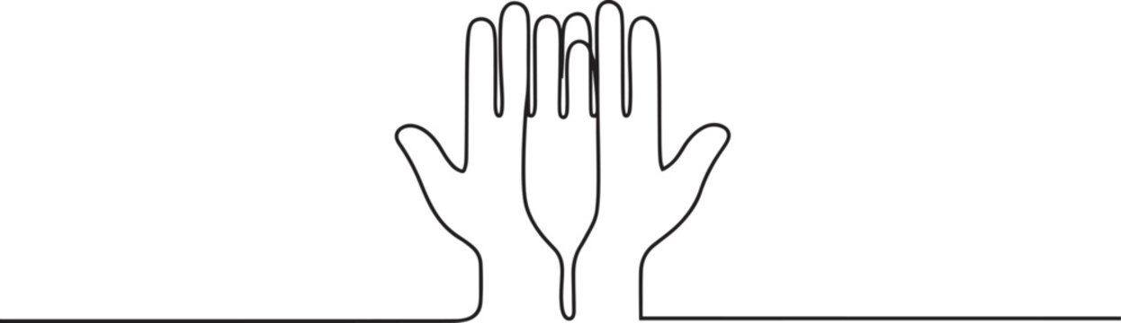 Line drawing of multiple hands joined together in a stack representing teamwork and unity Vector. one line Icon drawing. Editable stroke