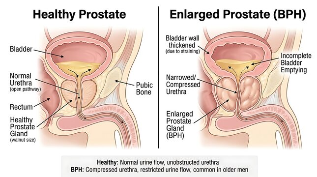 Comparison of healthy and enlarged prostate gland anatomy