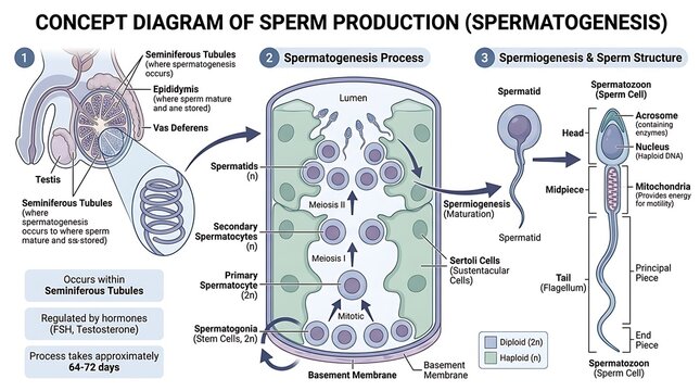 Concept diagram of spermatogenesis showing sperm production process and cell structure details