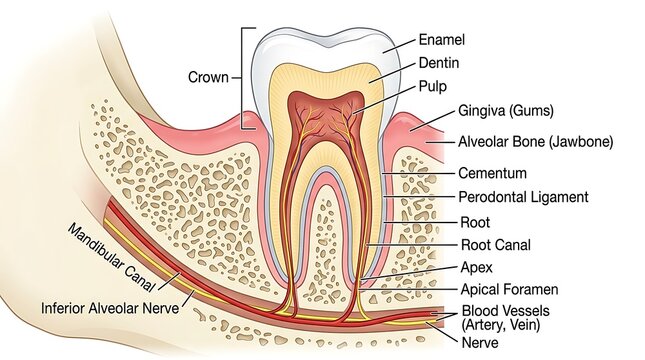 Cross section anatomy of a human tooth showing root canal and alveolar bone structure
