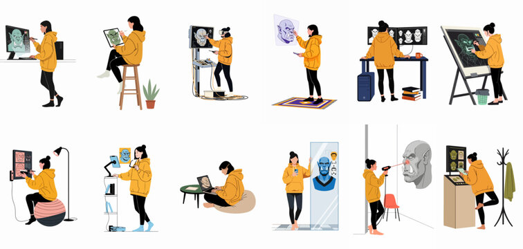 Collection of twelve illustrations showing a female digital artist designing an orc character using various professional tools, tablets, and advanced technology.