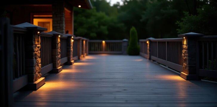 Elegant Composite Decking in Ash Grey with Three Stringer Light Posts Illuminating the Patio, ash grey, levelled ground, stringer lights