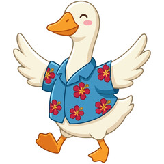 A cheerful cartoon goose wearing a Hawaiian shirt dances outdoors in a fun scene. © James