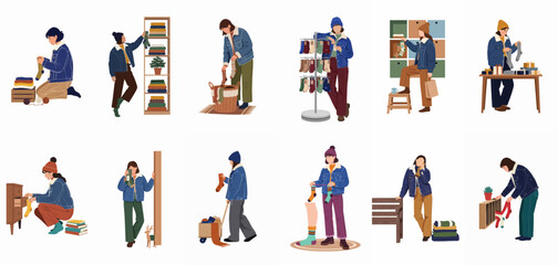 Fototapeta premium Collection of female characters in denim jackets and winter beanies shopping for socks, organizing clothes, and packing gifts in various lifestyle scenes.