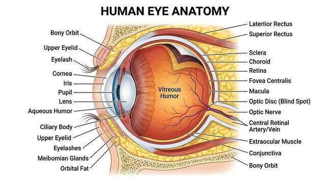 Detailed anatomical diagram of the human eye structure