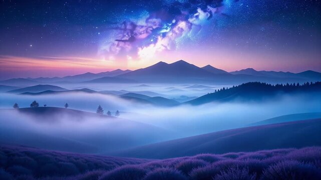 Minimal lavender cosmic fog drifting forward through a soft abstract space field with gentle depth glow