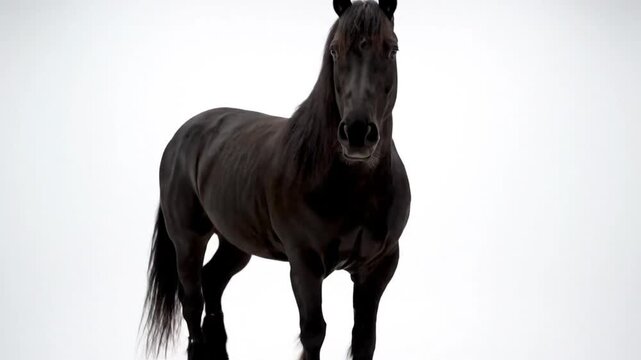 Majestic black horse standing gracefully in a studio setting against a plain white background, showing off elegance and power.