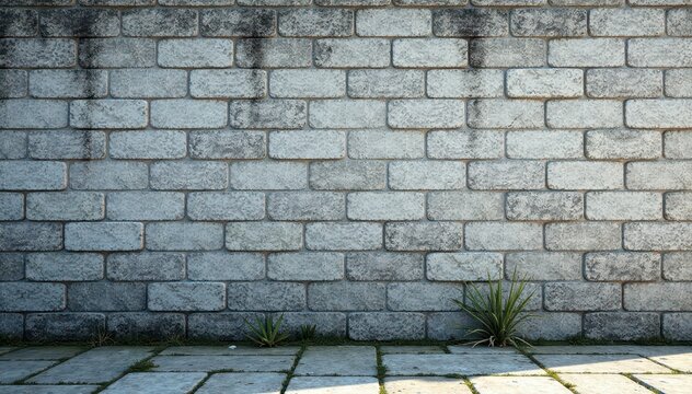 Gray cinder block wall with worn stone pathway leading to the side, urban landscape, cinder block, gray