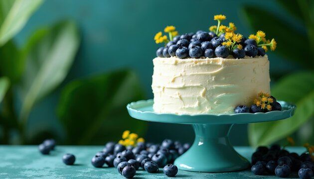 Creamy white cake adorned with fresh blueberries and yellow flowers sits on teal cake stand. Berries scattered around table. Dessert preparation, fine dining, sweet treat.