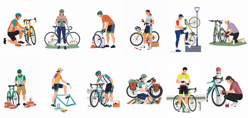 Fototapeta premium Collection of illustrations showing diverse cyclists performing maintenance, repairs, and tire inflation on their road and touring bicycles in various outdoor settings.