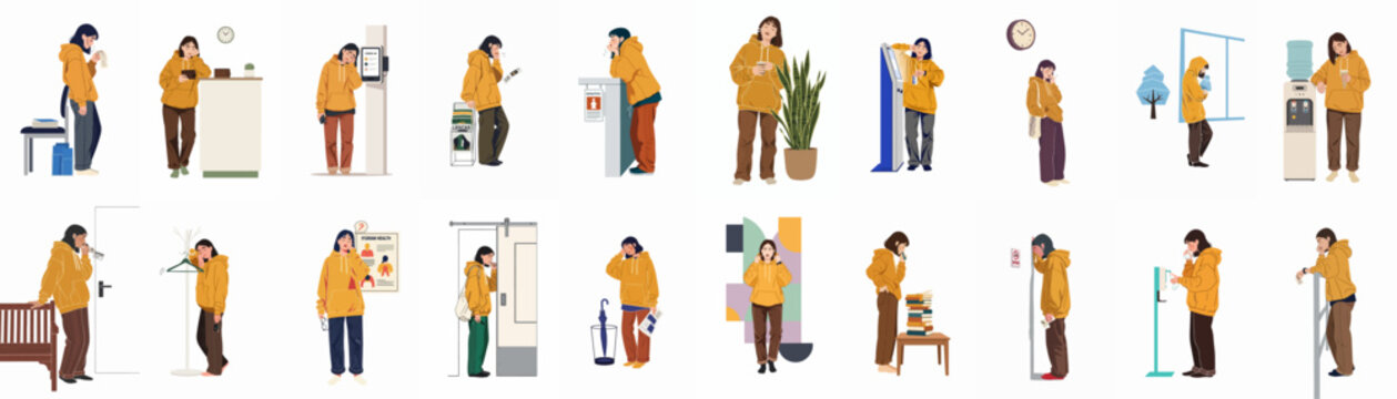 Collection of flat vector illustrations depicting a young woman in various mundane daily life situations, expressing feelings of boredom, fatigue, and routine.