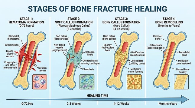 Four stages of bone fracture healing process from hematoma to remodeling