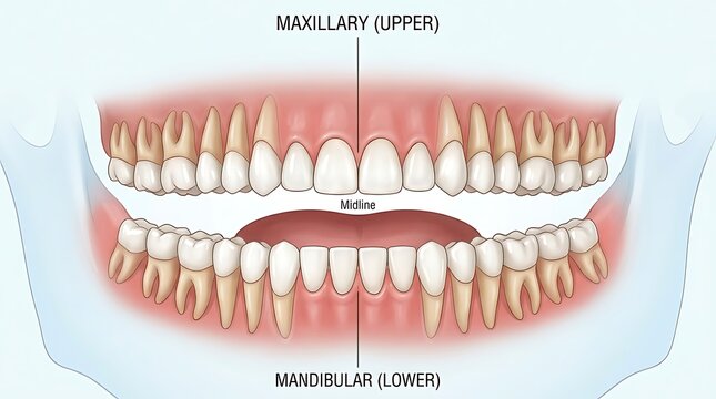 Human dental anatomy diagram of upper and lower jaw teeth