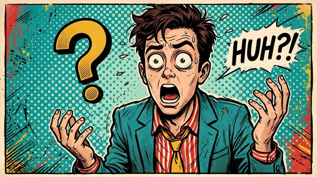 Confused Man in Retro Comic Style Asking Huh?! with Question Mark
