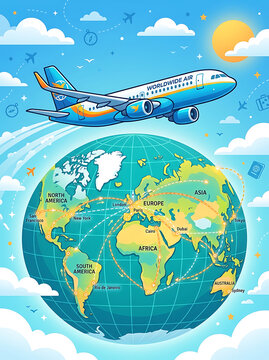 Pixel art airplane flying around the world in a blue sky