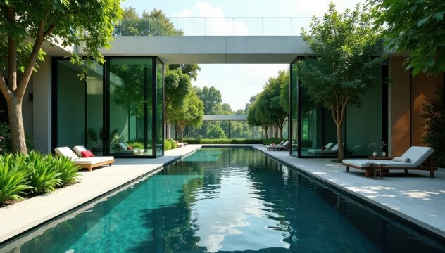 Modern glass wall surrounds a serene water feature, luxurious pool, serene ambiance, modern home