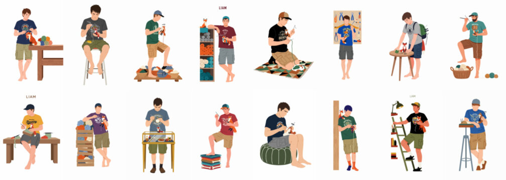 Set of flat vector illustrations depicting a male character named Liam pursuing his passion for knitting, crochet, and handmade stuffed animals.