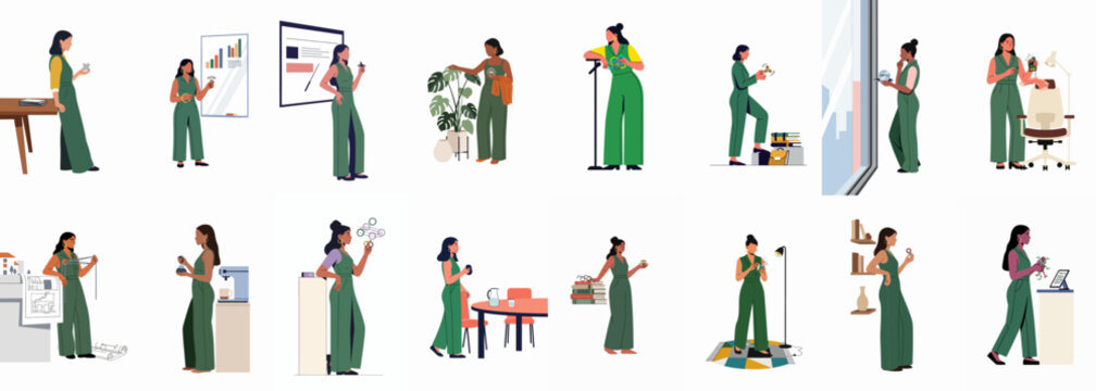 Collection of flat illustrations showing a professional woman in green overalls engaged in various office tasks, presentations, and daily work activities.