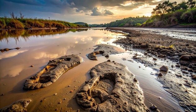 Muddy footprints mark a winding riverbank under a dramatic sunset sky, revealing nature's ephemeral trails.