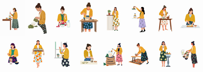 Fototapeta premium Set of flat illustrations featuring a young woman preparing healthy plant-based meals, snacks, and herbal drinks in a modern lifestyle theme.