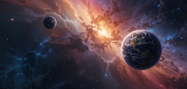 Cosmic Collision Planets Colliding in Space with Nebula and Stars Universe Galaxy Astronomy.