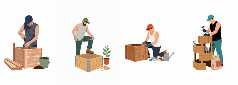 Set of illustrations depicting men building and preparing various wooden planter boxes for gardening and outdoor home improvement projects.