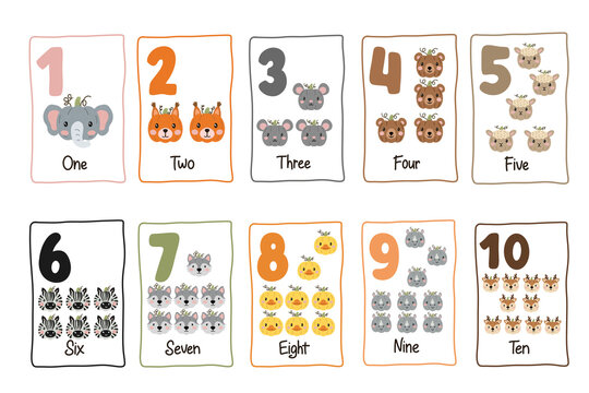Educational number flashcards with cute safari animals and pumpkin theme, counting set 1-10 for preschool
