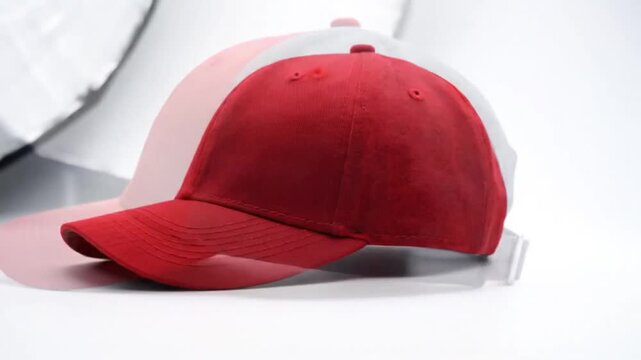 Red and Gray Baseball Cap Product Photography on a White Background with a Bright Light