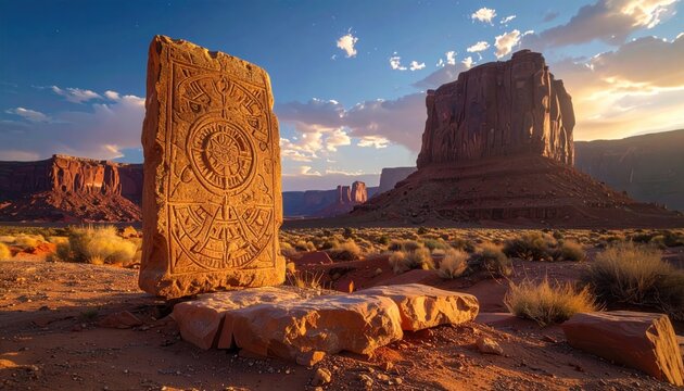 Ornate ancient stone monolith carved with celestial patterns standing in a vast desert landscape at sunrise