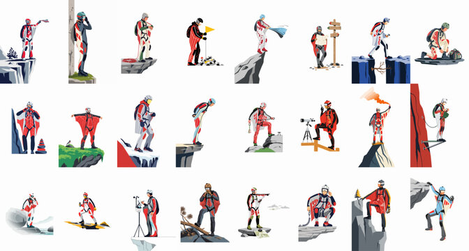 Flat design illustration set of wingsuit base jumpers in various preparation and jumping scenes on mountain cliffs and rocky terrain.